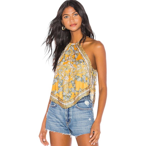 Free People Tops - Free People Sofia Printed Halter Top Large Yellow Paisley Scarf Boho Festival